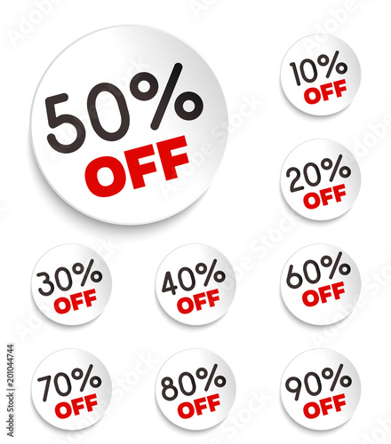 Discount banners. Vector illustration.  -10% -20% -30% -40% -50% -60% -70% -80% -90% off icons.