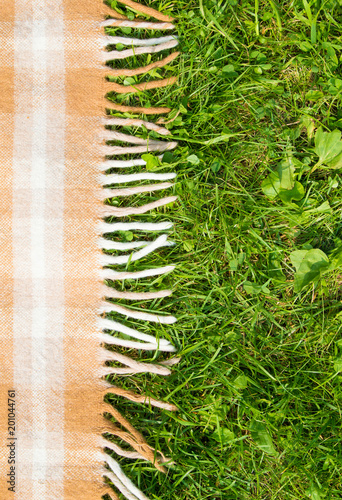 Green grass and checkered beige tablecloth pedimental background for picnic, top view
