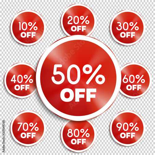 Discount banners. Vector illustration. -10% -20% -30% -40% -50% -60% -70% -80% -90% off icons.