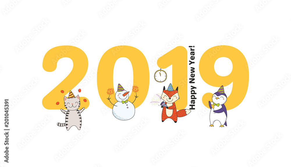 Hand drawn New Year 2019 greeting card, banner template with big numbers, cute funny cartoon animals celebrating, typography. Isolated objects. Vector illustration. Design concept for party. Hand drawn New Year 2019 greeting card, banner template with big numbers, cute funny cartoon animals celebrating, typography. Isolated objects. Vector illustration. Design concept for party.
