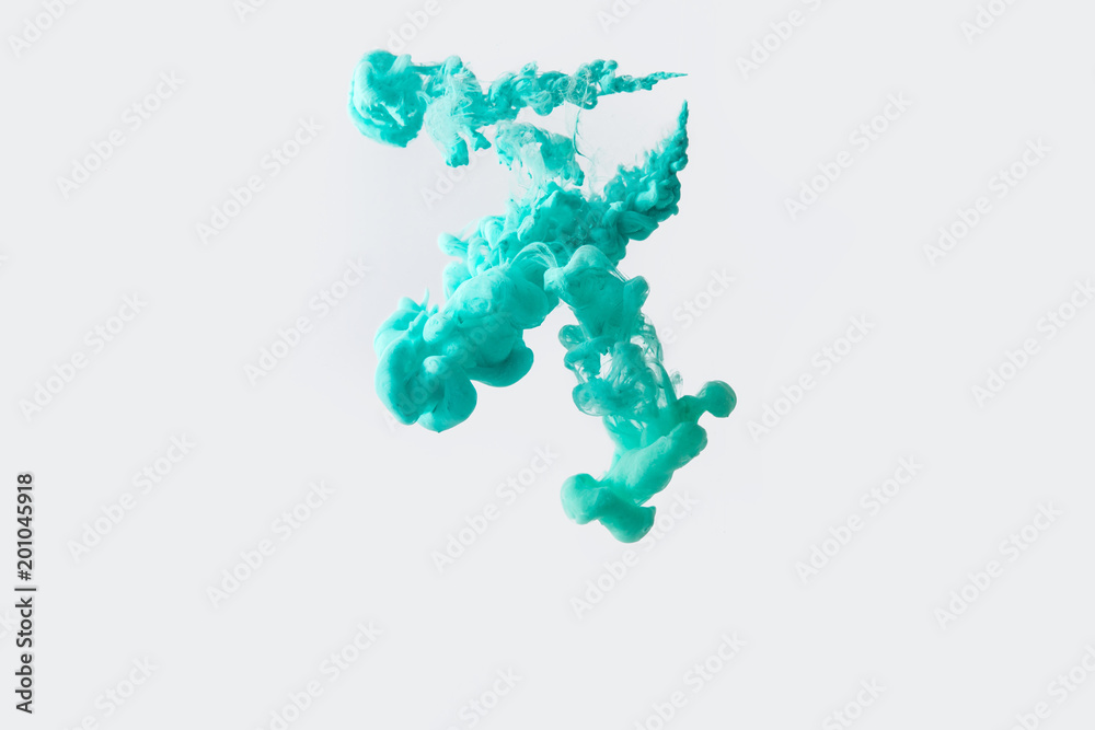 close up view of bright turquoise paint splash in water isolated on gray close up view of bright turquoise paint splash in water isolated on gray