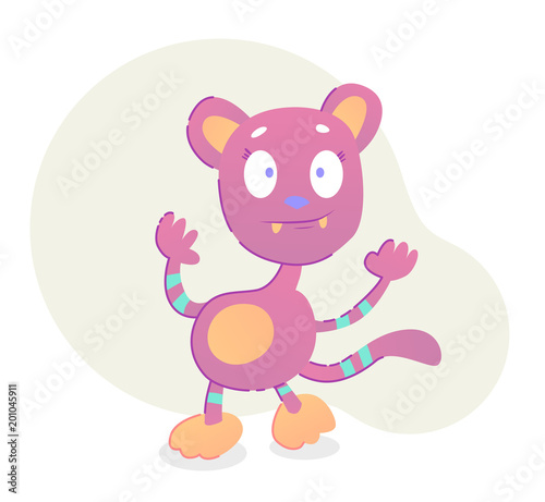 Fantastic Pink Cute Creature with striped hands, legs and tail, small canines, illustration in flat modern design