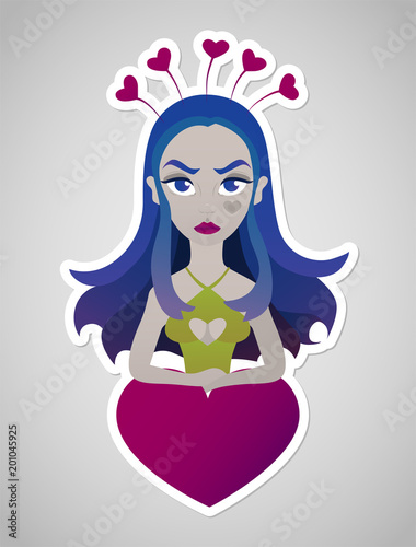 beautiful young girl with bezel with small hearts  blue hair  heart on cheek  relies on big pink heart  illustration in modern flat design with white stroke