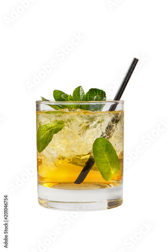 Transparent one-color cocktail in a low glass with crushed ice frappe with mint leaves with melon, pear, apple taste with a straw. Side view Isolated white background. Drink for the menu