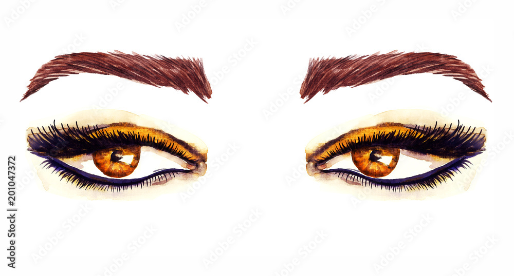 Brown eastern almond-shaped eyes with makeup, golden brown eyeshadows, black outline, mascara, brown eyebrows, hand painted watercolor fashion illustration isolated on white background
Brown eastern almond-shaped eyes with makeup, golden brown eyeshadows, black outline, mascara, brown eyebrows, hand painted watercolor fashion illustration isolated on white background
