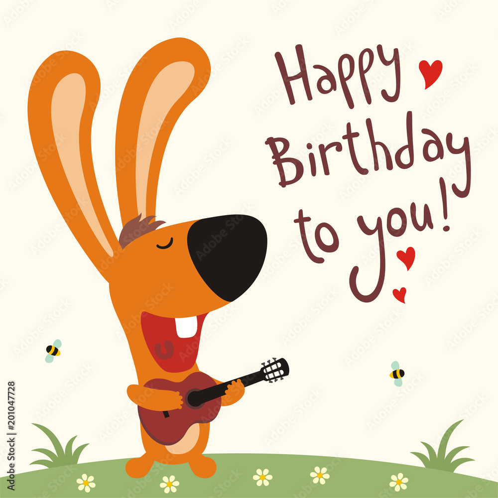 Birthday card with cartoon rabbit. Funny rabbit with guitar sings song  happy birthday to you. Stock Vector | Adobe Stock