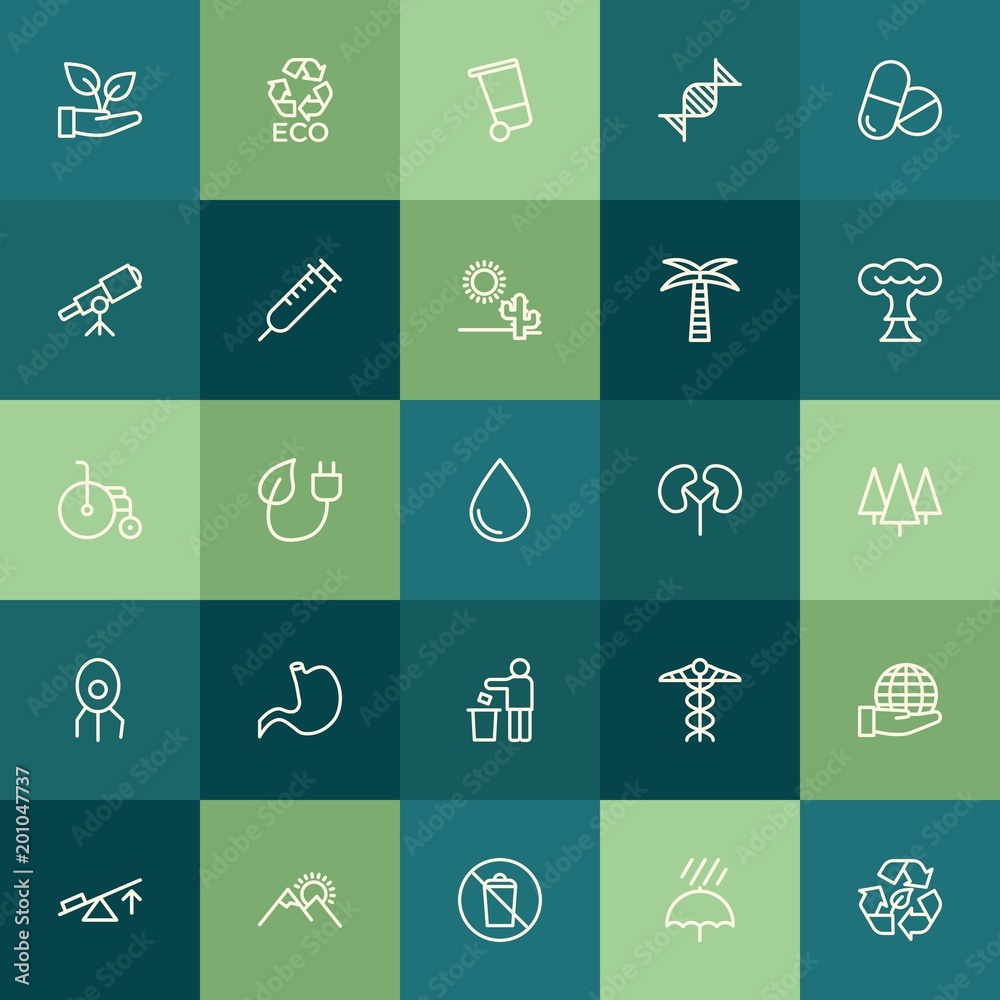 Modern Simple Set of health, science, nature Vector outline Icons. ..Contains such Icons as  waste,  nature, save,  ecology,  cell, ecology and more on green background. Fully Editable. Pixel Perfect.