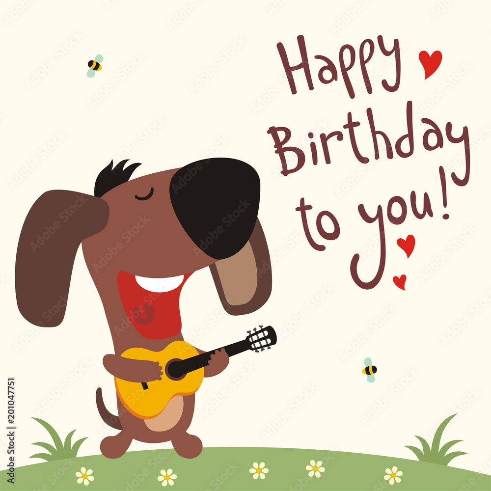 Birthday card with cartoon puppy dog. Funny puppy dog with guitar sings song  happy birthday to you. Stock Vector | Adobe Stock