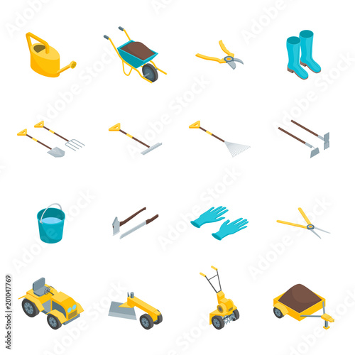 Garden Tools 3d Icons Set Isometric View. Vector