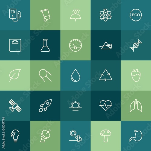 Modern Simple Set of health, science, nature Vector outline Icons. ..Contains such Icons as edible, electric, environment, energy, rain and more on green background. Fully Editable. Pixel Perfect.