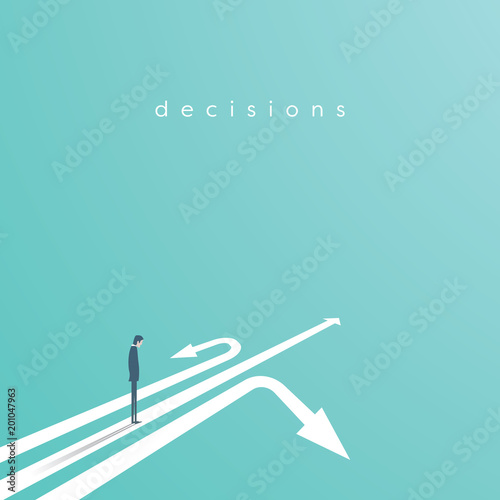 Business decision vector concept with businessman standing above three arrows. Business symbol of decision, opportunity, challenge, career.