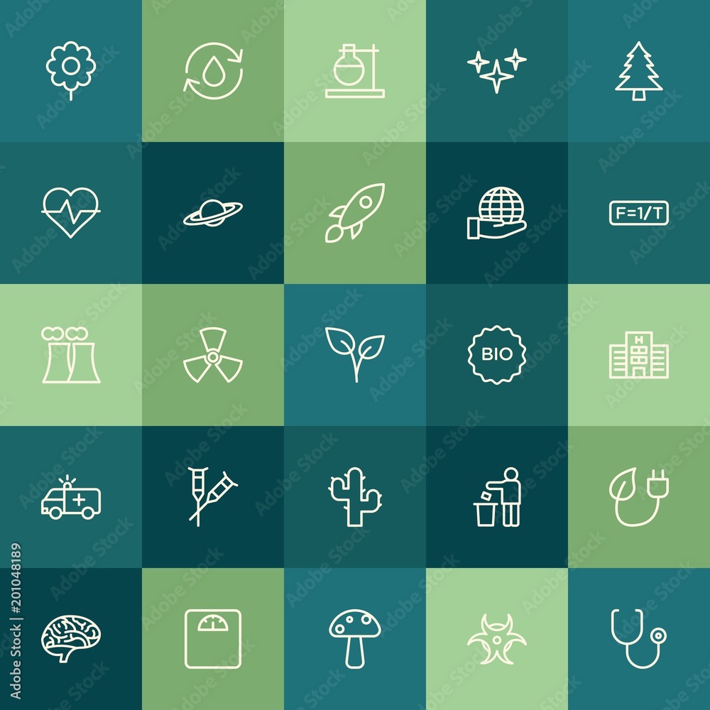 Modern Simple Set of health, science, nature Vector outline Icons. ..Contains such Icons as  spring,  recycle,  danger,  fresh,  galaxy and more on green background. Fully Editable. Pixel Perfect.