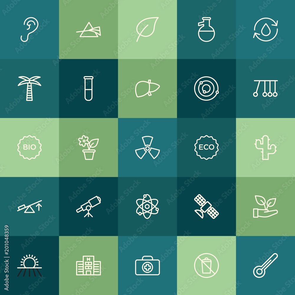 Modern Simple Set of health, science, nature Vector outline Icons. ..Contains such Icons as  symbol,  aid,  garden,  flower,  waste,  space and more on green background. Fully Editable. Pixel Perfect.