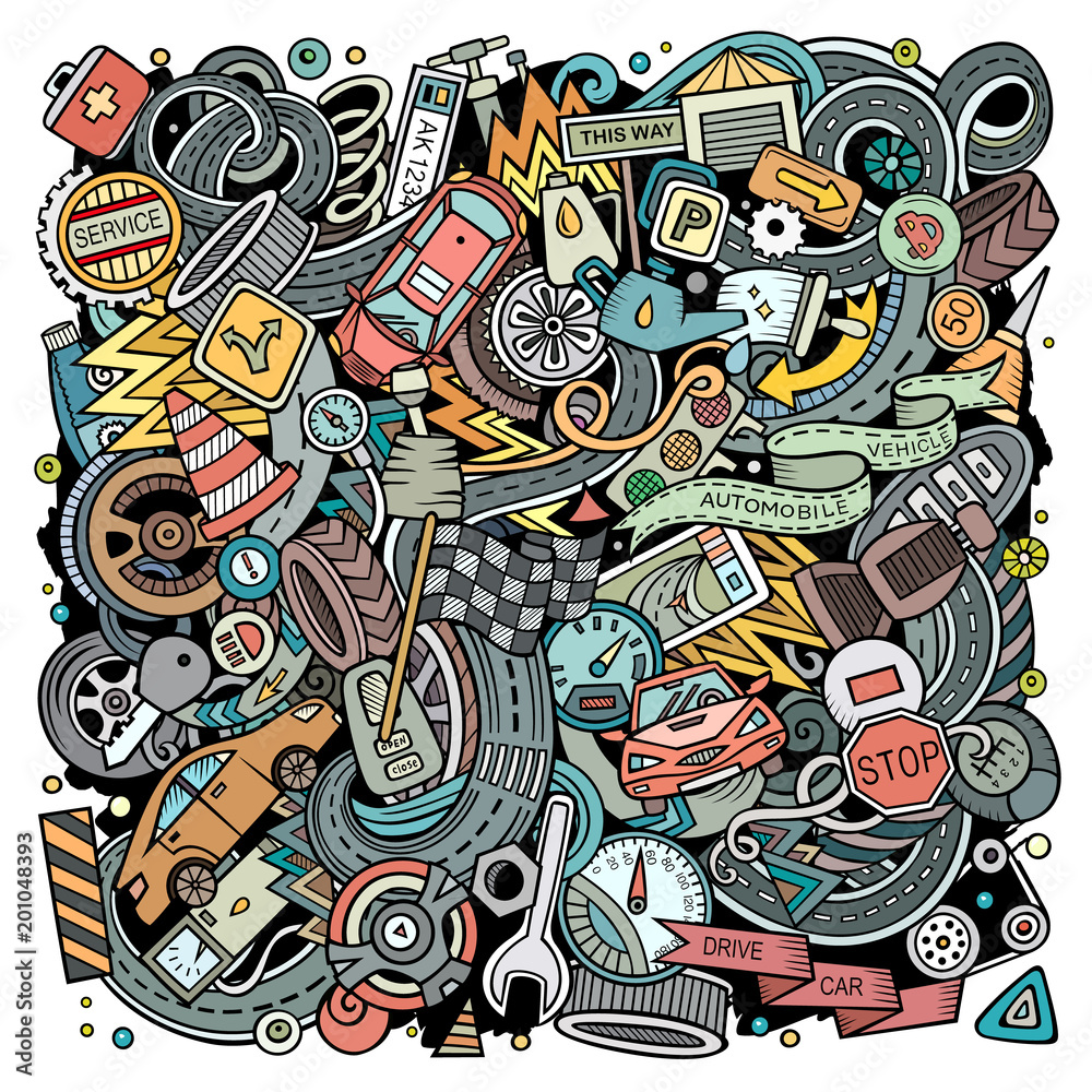 Cartoon vector doodles Automotive illustration