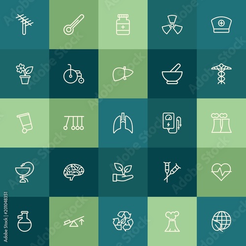 Modern Simple Set of health, science, nature Vector outline Icons. ..Contains such Icons as laboratory, chemical, dish, thermometer and more on green background. Fully Editable. Pixel Perfect.