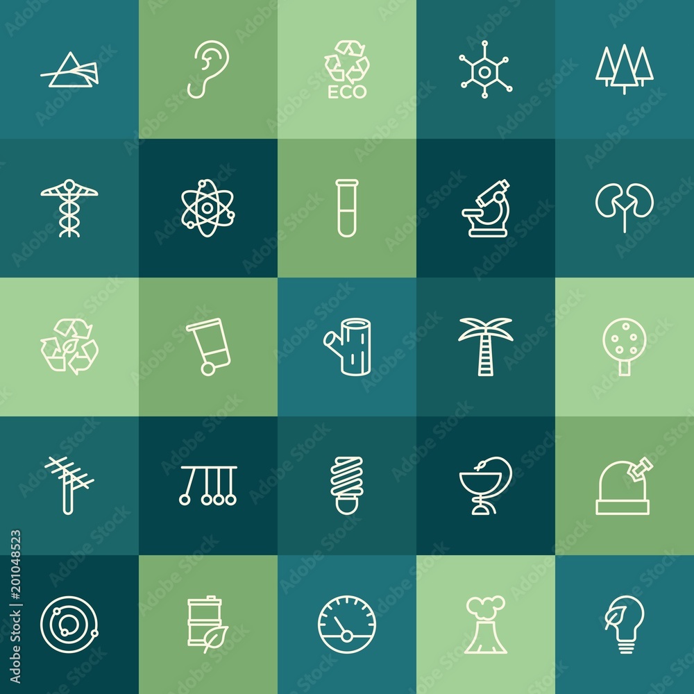 Modern Simple Set of health, science, nature Vector outline Icons. ..Contains such Icons as ear,  astronomy,  sign,  nature,  barrel,  can and more on green background. Fully Editable. Pixel Perfect.