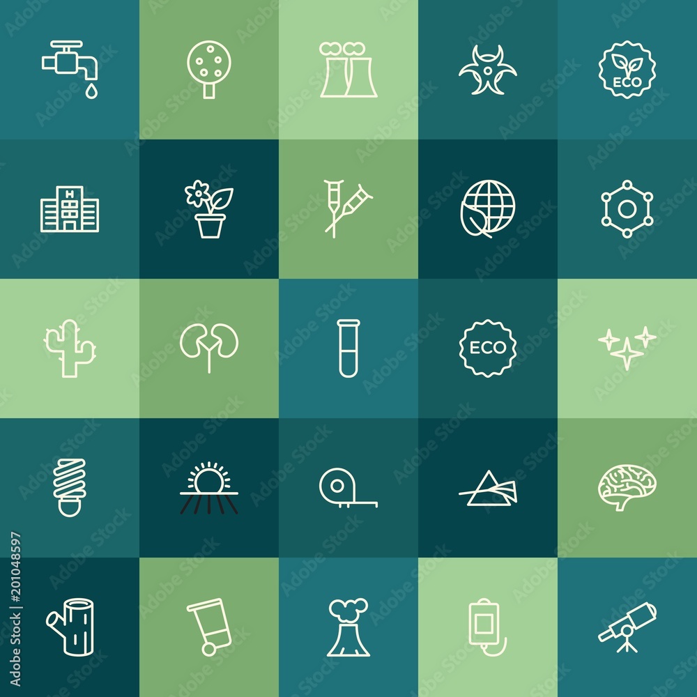 Modern Simple Set of health, science, nature Vector outline Icons. ..Contains such Icons as blood, telescope,  nuclear,  human,  wooden and more on green background. Fully Editable. Pixel Perfect.