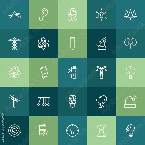 Modern Simple Set of health, science, nature Vector outline Icons. ..Contains such Icons as ear,  astronomy,  sign,  nature,  barrel,  can and more on green background. Fully Editable. Pixel Perfect.