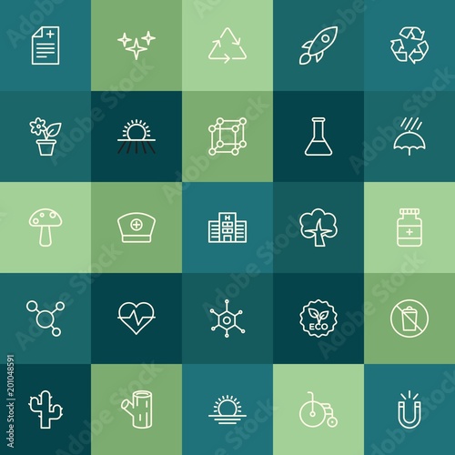 Modern Simple Set of health, science, nature Vector outline Icons. ..Contains such Icons as night,  organic, sign,  panel, sunset, wood and more on green background. Fully Editable. Pixel Perfect.