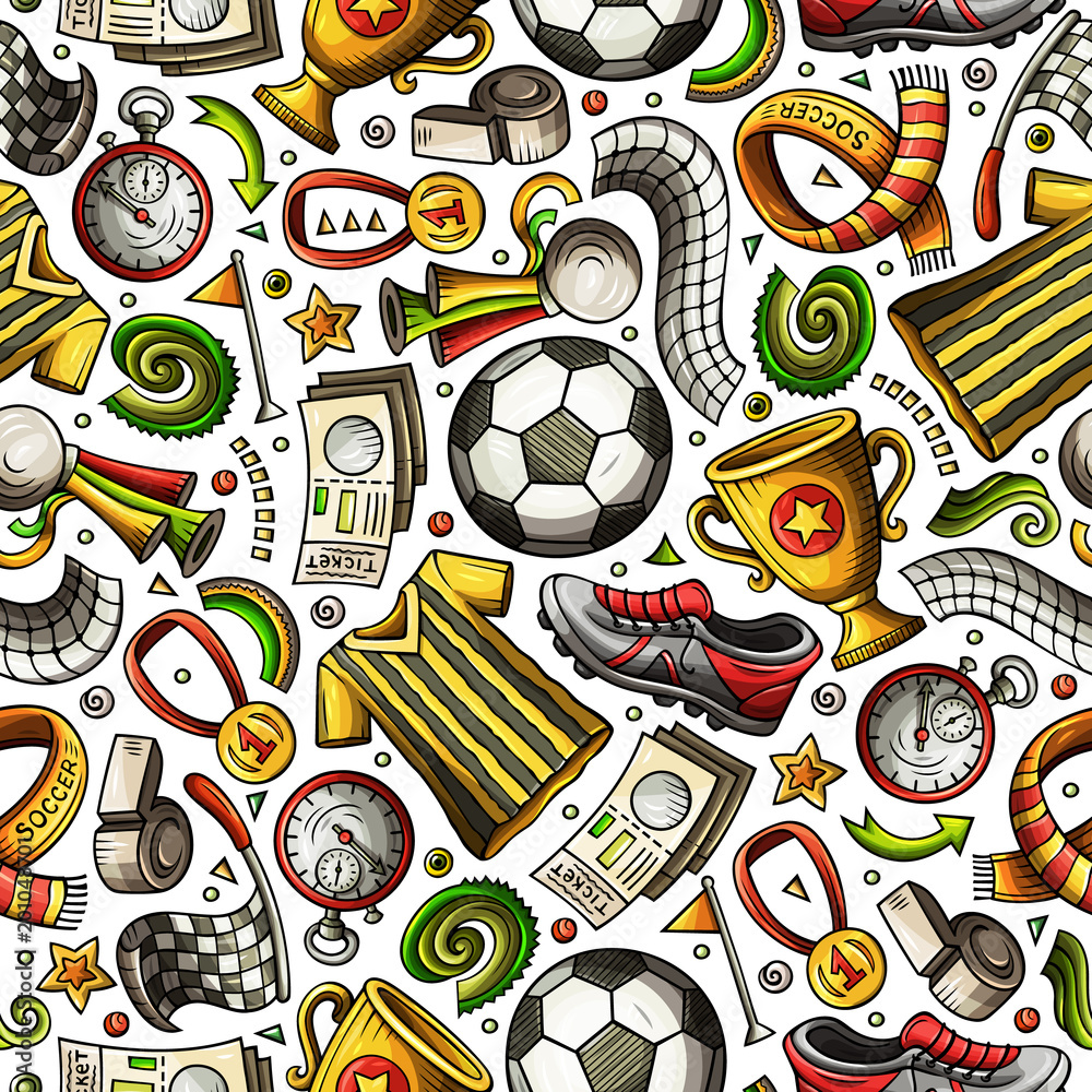 Fototapeta premium Cartoon hand-drawn Soccer seamless pattern