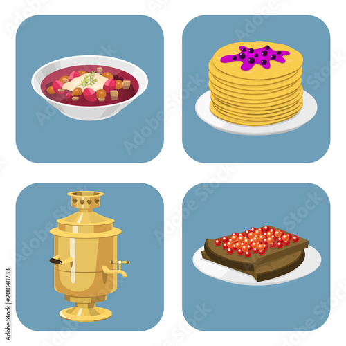 Traditional Russian cuisine culture dish course food welcome to Russia gourmet national meal vector illustration