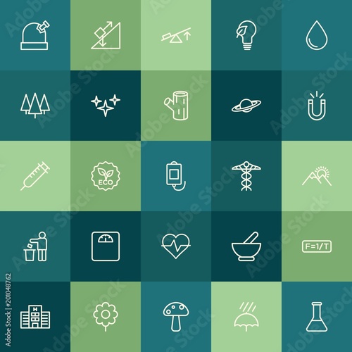 Modern Simple Set of health, science, nature Vector outline Icons. ..Contains such Icons as food, green, formula, chemical, building and more on green background. Fully Editable. Pixel Perfect.