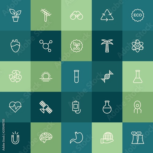 Modern Simple Set of health, science, nature Vector outline Icons. ..Contains such Icons as sun, symbol, virus, dish, home, brain and more on green background. Fully Editable. Pixel Perfect.