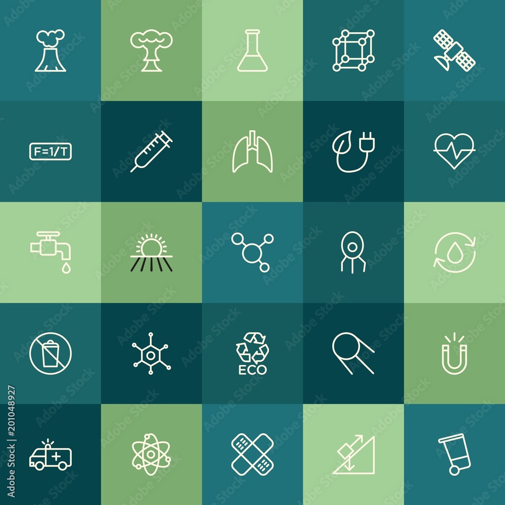 Modern Simple Set of health, science, nature Vector outline Icons. ..Contains such Icons as  magnetism,  recycling,  color,  atom,  science and more on green background. Fully Editable. Pixel Perfect.