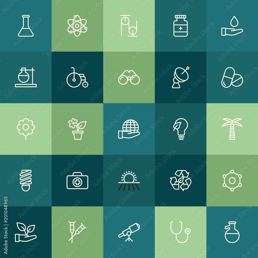 Modern Simple Set of health, science, nature Vector outline Icons. ..Contains such Icons as  nature,  health, doctor,  stethoscope, atom and more on green background. Fully Editable. Pixel Perfect.