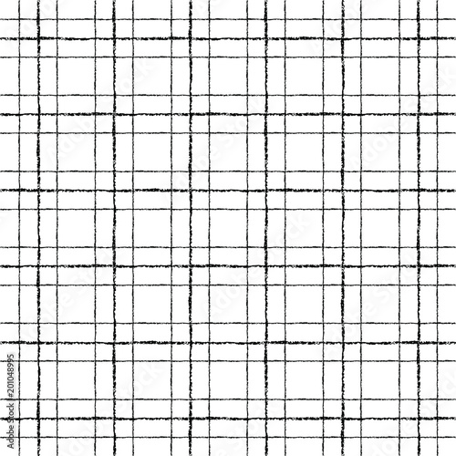 Black and white check, square, plaid vector seamless pattern. Vertical and horizontal brush drawn textured crossing stripes. Chequered geometric background. Black bars of different width. 
