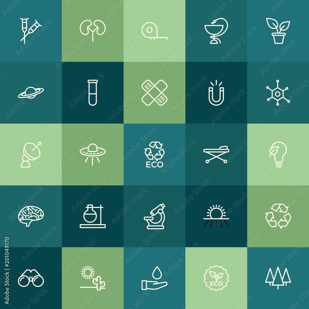 Modern Simple Set of health, science, nature Vector outline Icons. ..Contains such Icons as  view,  health,  gardening,  space,  save,  eco and more on green background. Fully Editable. Pixel Perfect.