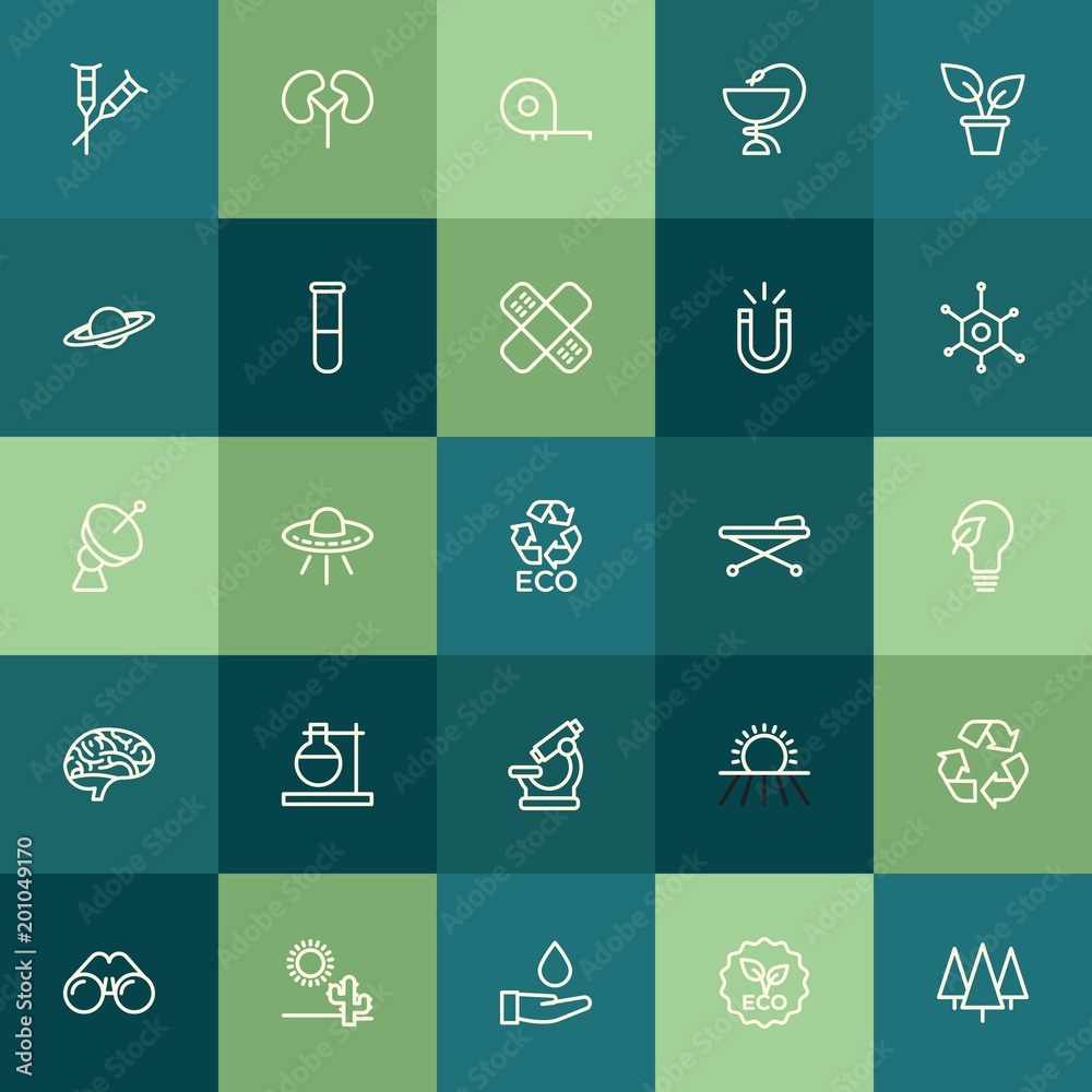 Fototapeta premium Modern Simple Set of health, science, nature Vector outline Icons. ..Contains such Icons as view, health, gardening, space, save, eco and more on green background. Fully Editable. Pixel Perfect.