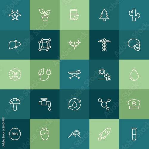 Modern Simple Set of health, science, nature Vector outline Icons. ..Contains such Icons as element, oil, medical, heart, fuel, health and more on green background. Fully Editable. Pixel Perfect.