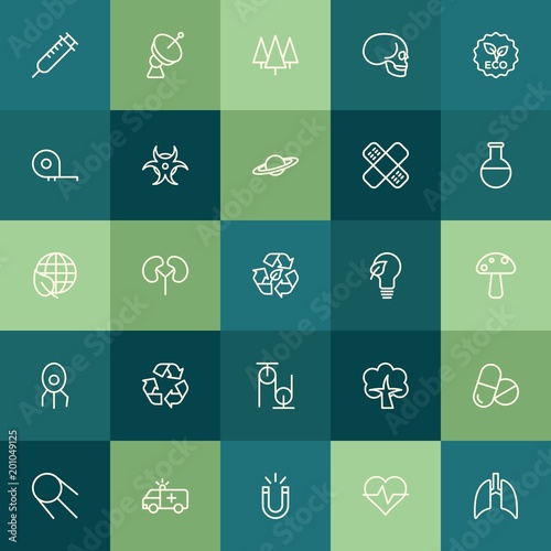 Modern Simple Set of health, science, nature Vector outline Icons. ..Contains such Icons as  magnet,  syringe,  forest,  green,  skeleton and more on green background. Fully Editable. Pixel Perfect.