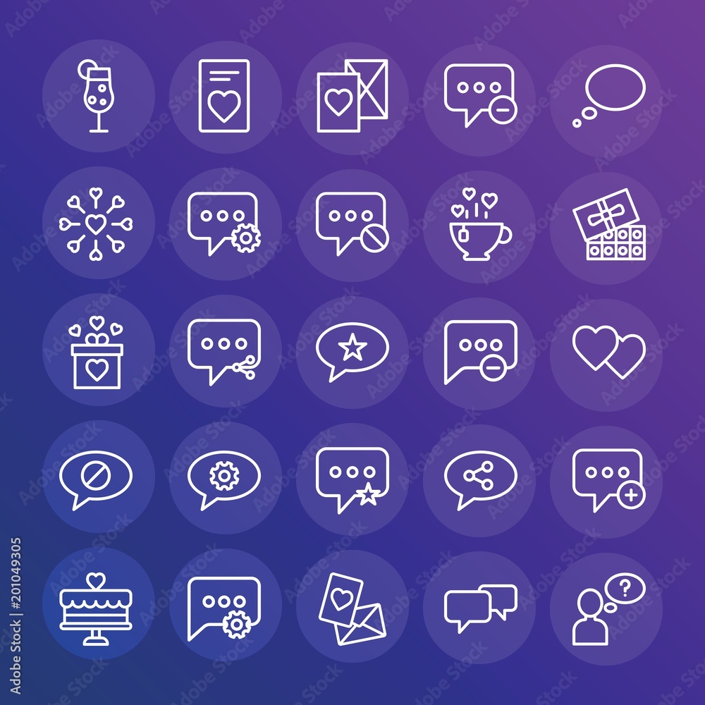 Modern Simple Set of chat and messenger, valentine Vector outline Icons. ..Contains such Icons as remove, faq, sweet, wedding, new and more on gradient background. Fully Editable. Pixel Perfect. Modern Simple Set of chat and messenger, valentine Vector outline Icons. ..Contains such Icons as remove, faq, sweet, wedding, new and more on gradient background. Fully Editable. Pixel Perfect.