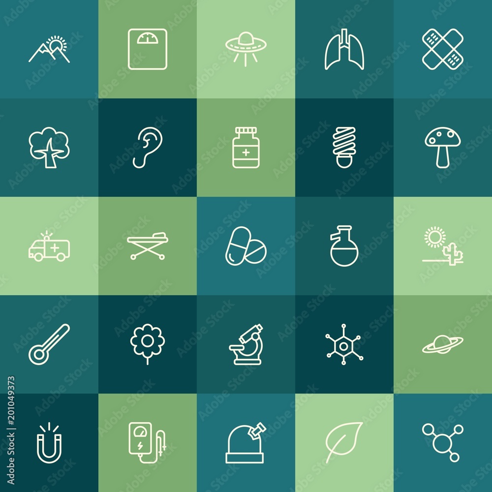 Modern Simple Set of health, science, nature Vector outline Icons. ..Contains such Icons as  universe, space, magnetic,  nature,  leaf, ufo and more on green background. Fully Editable. Pixel Perfect.