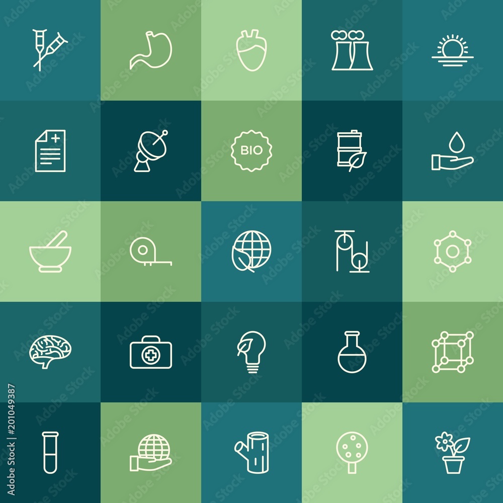 Modern Simple Set of health, science, nature Vector outline Icons. ..Contains such Icons as chemistry,  plant,  ruler,  health, human,  lab and more on green background. Fully Editable. Pixel Perfect.