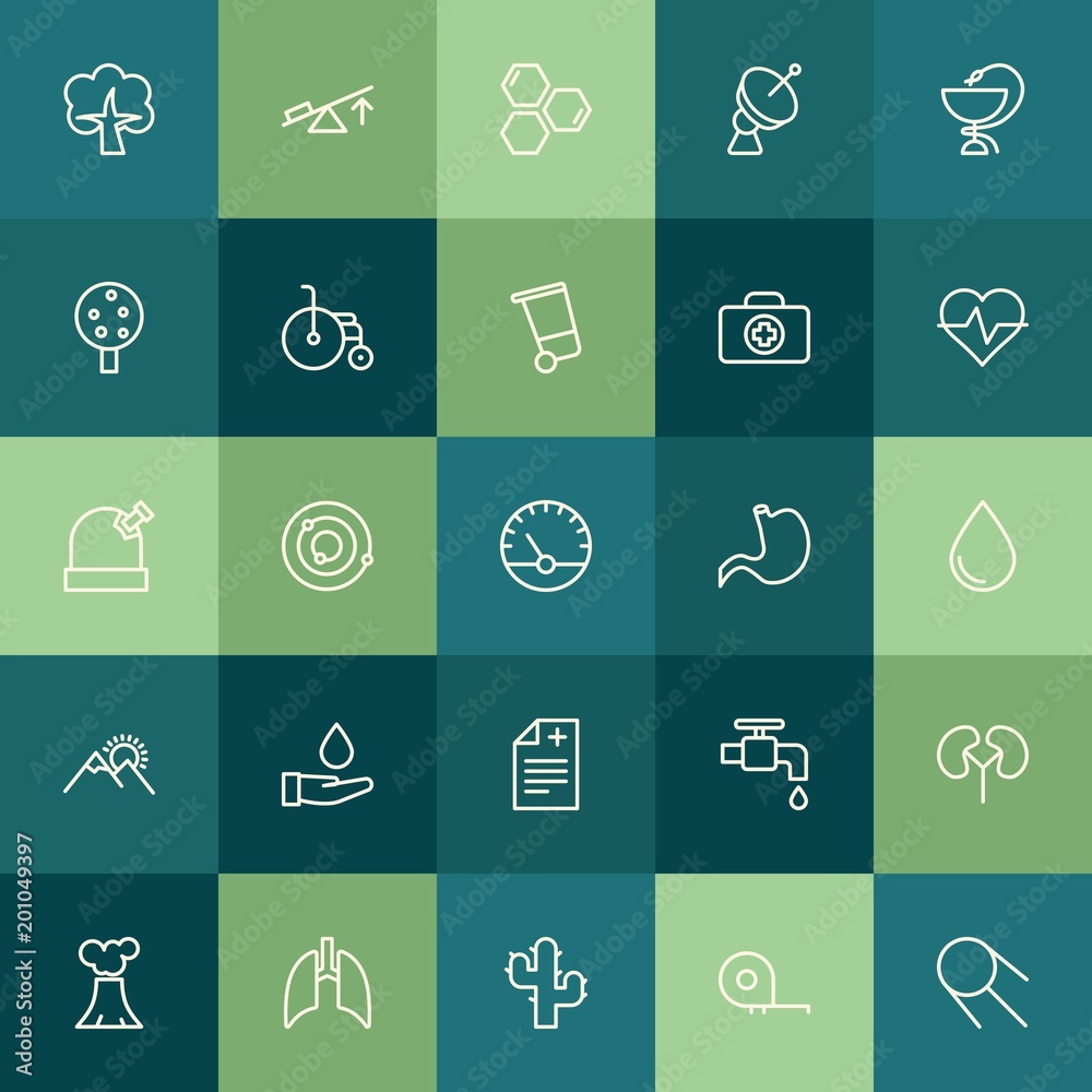 Modern Simple Set of health, science, nature Vector outline Icons. ..Contains such Icons as  anatomy,  medical,  ruler,  universe,  kidney and more on green background. Fully Editable. Pixel Perfect.