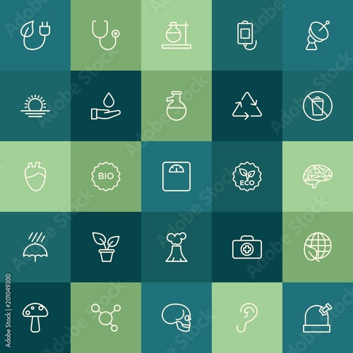 Modern Simple Set of health, science, nature Vector outline Icons. ..Contains such Icons as medicine, bone, medical, energy, food, ear and more on green background. Fully Editable. Pixel Perfect.