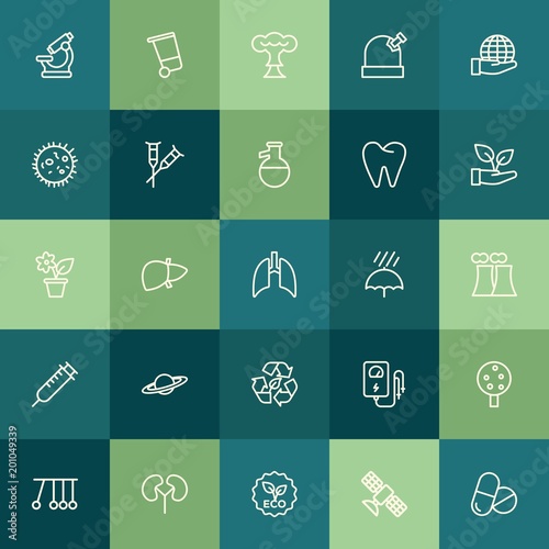 Modern Simple Set of health, science, nature Vector outline Icons. ..Contains such Icons as liver, bin, organic, nature, prescription and more on green background. Fully Editable. Pixel Perfect.