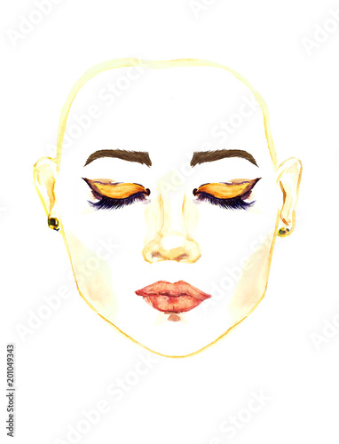 Face with closed eastern almond-shaped eyes with makeup, golden brown eyeshadows, black outline, mascara, brown eyebrows, hand painted watercolor fashion illustration isolated on white background