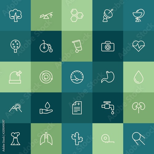 Modern Simple Set of health, science, nature Vector outline Icons. ..Contains such Icons as anatomy, medical, ruler, universe, kidney and more on green background. Fully Editable. Pixel Perfect.