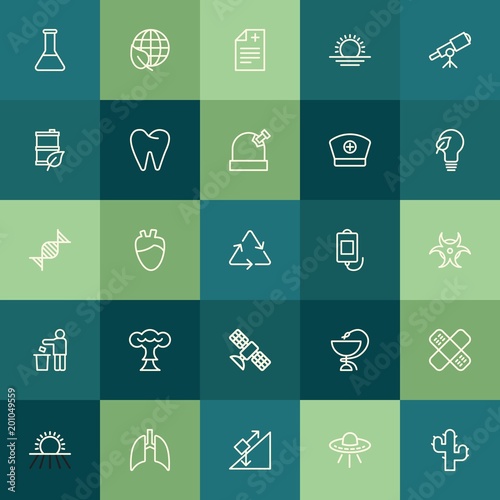 Modern Simple Set of health, science, nature Vector outline Icons. ..Contains such Icons as space, spaceship, laboratory, desert, girl and more on green background. Fully Editable. Pixel Perfect.