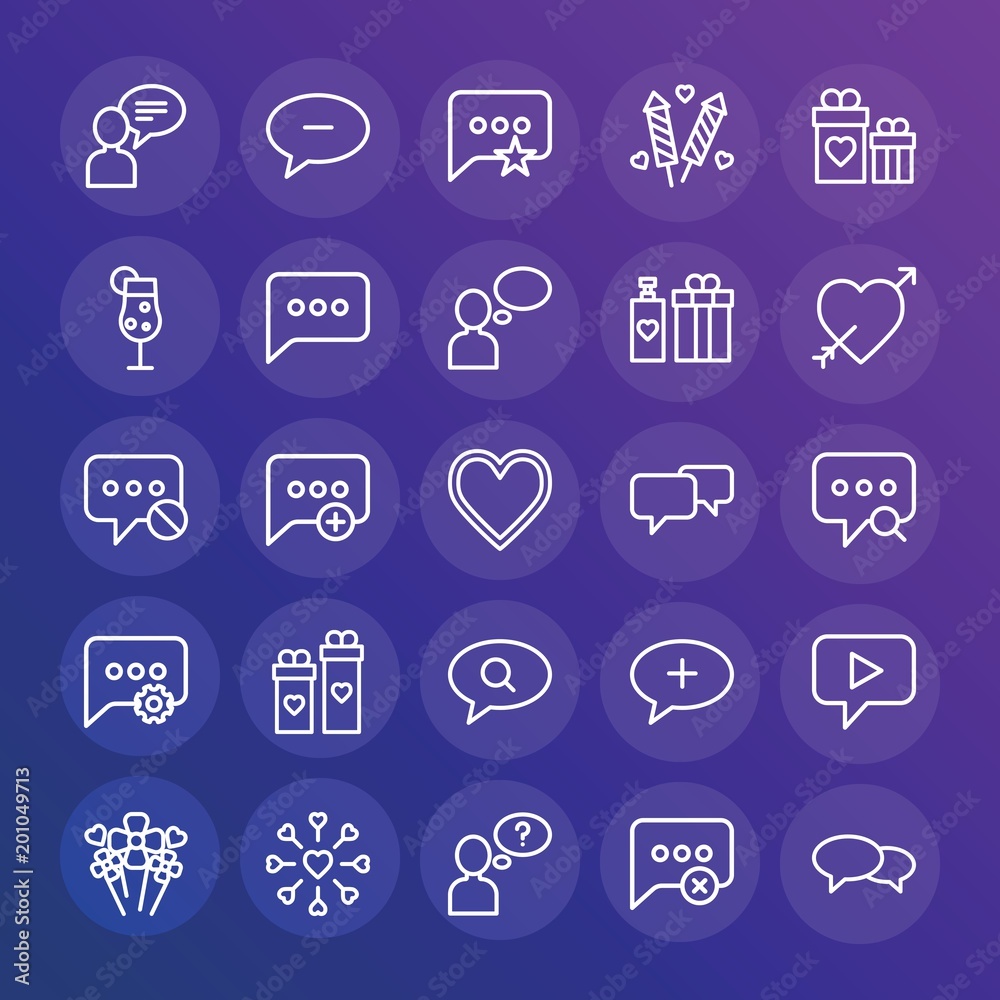 Modern Simple Set of chat and messenger, valentine Vector outline Icons. ..Contains such Icons as gift, answer, remove, valentine and more on gradient background. Fully Editable. Pixel Perfect. Modern Simple Set of chat and messenger, valentine Vector outline Icons. ..Contains such Icons as gift, answer, remove, valentine and more on gradient background. Fully Editable. Pixel Perfect.
