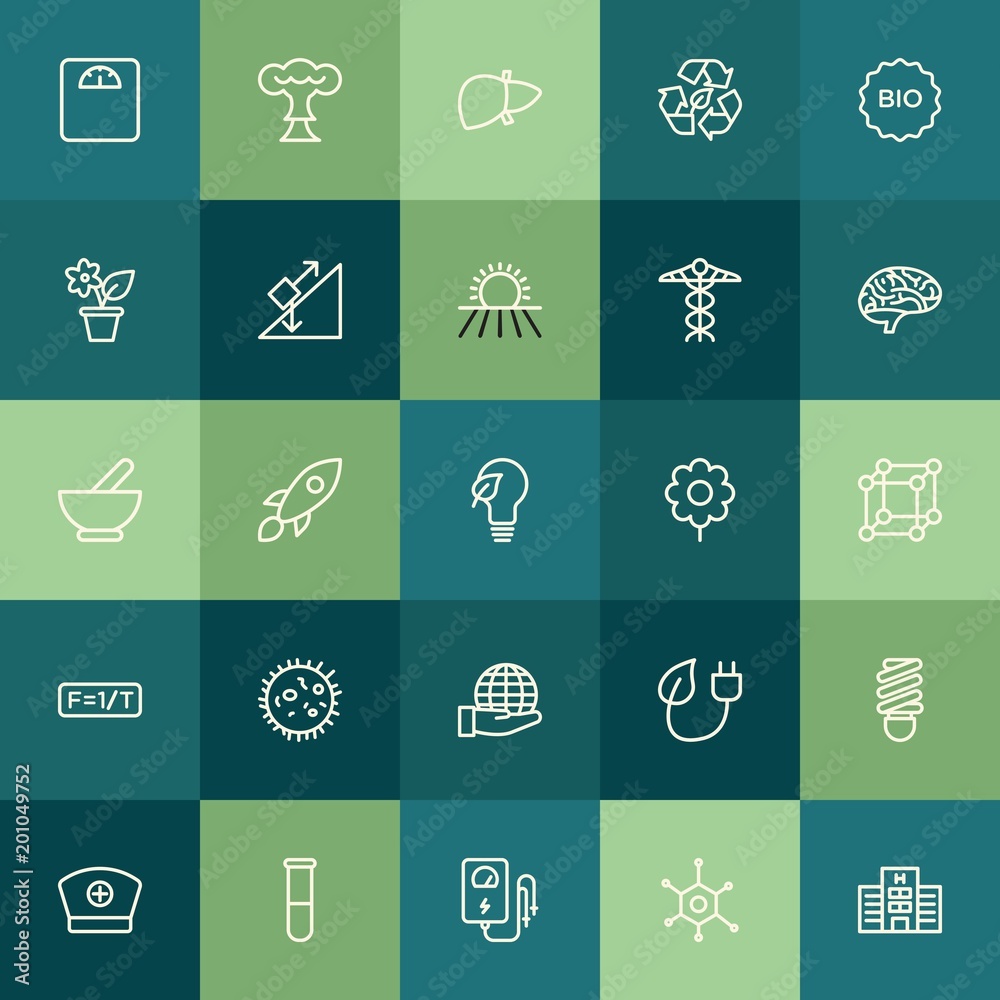 Modern Simple Set of health, science, nature Vector outline Icons. ..Contains such Icons as  voltmeter, rocket,  electronic, abstract,  lab and more on green background. Fully Editable. Pixel Perfect.