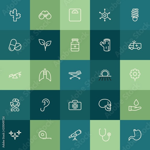 Modern Simple Set of health, science, nature Vector outline Icons. ..Contains such Icons as meter, green, sky, galaxy, water, balance and more on green background. Fully Editable. Pixel Perfect.