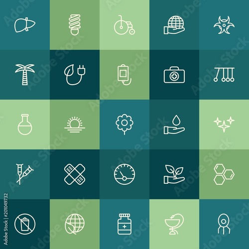 Modern Simple Set of health, science, nature Vector outline Icons. ..Contains such Icons as molecule, energy, medicine, sun, background and more on green background. Fully Editable. Pixel Perfect.