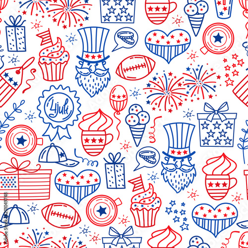 4 july. USA independence day seamless background.Hand draw traditional United States symbols . Doodle style vector illustration