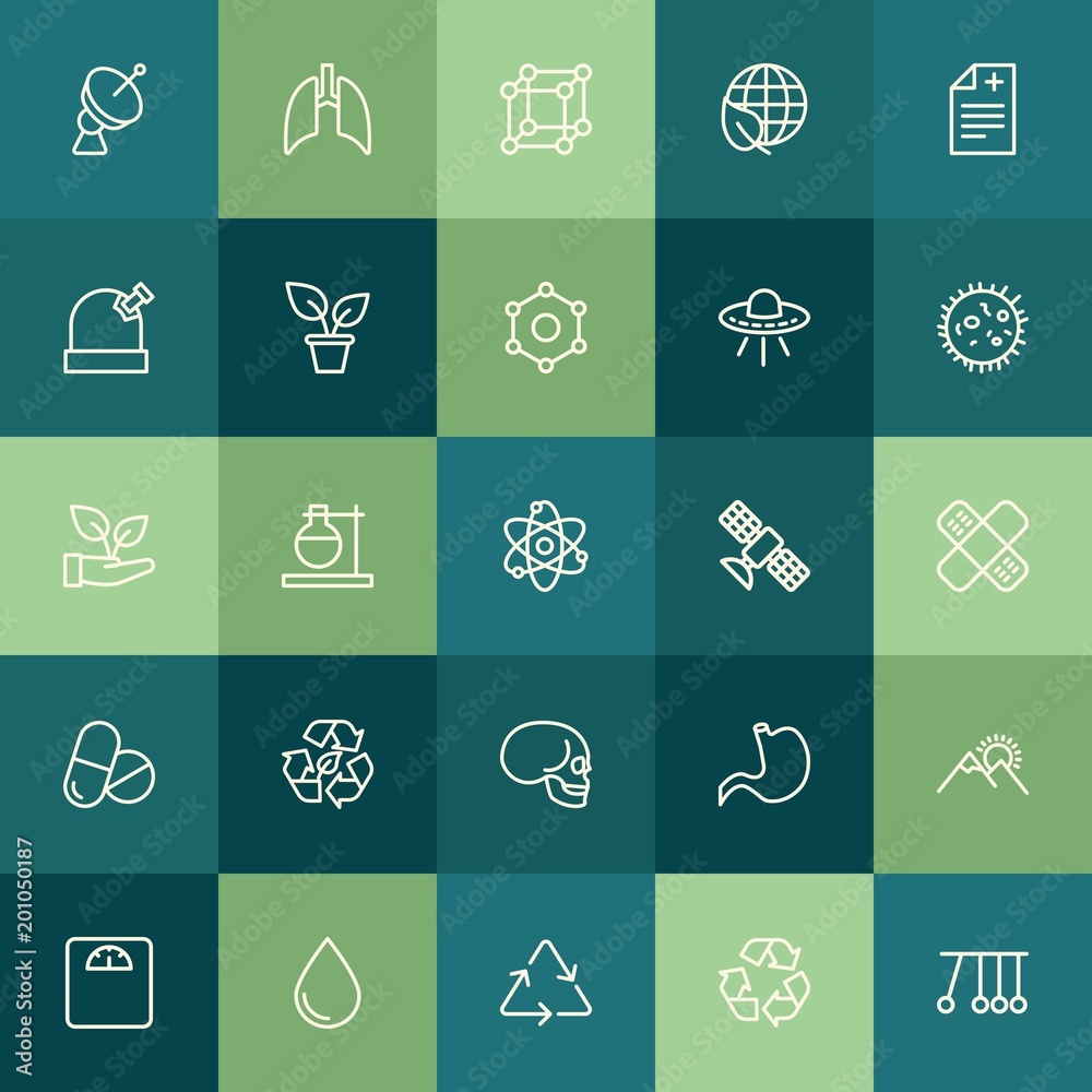 Modern Simple Set of health, science, nature Vector outline Icons. ..Contains such Icons as  motion,  hospital,  sun,  experiment,  pain and more on green background. Fully Editable. Pixel Perfect.
