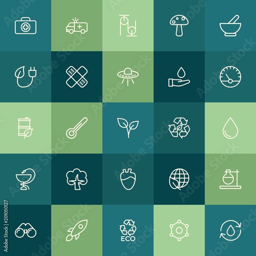 Modern Simple Set of health, science, nature Vector outline Icons. ..Contains such Icons as green, vintage, spaceship, recycle, zoom and more on green background. Fully Editable. Pixel Perfect.